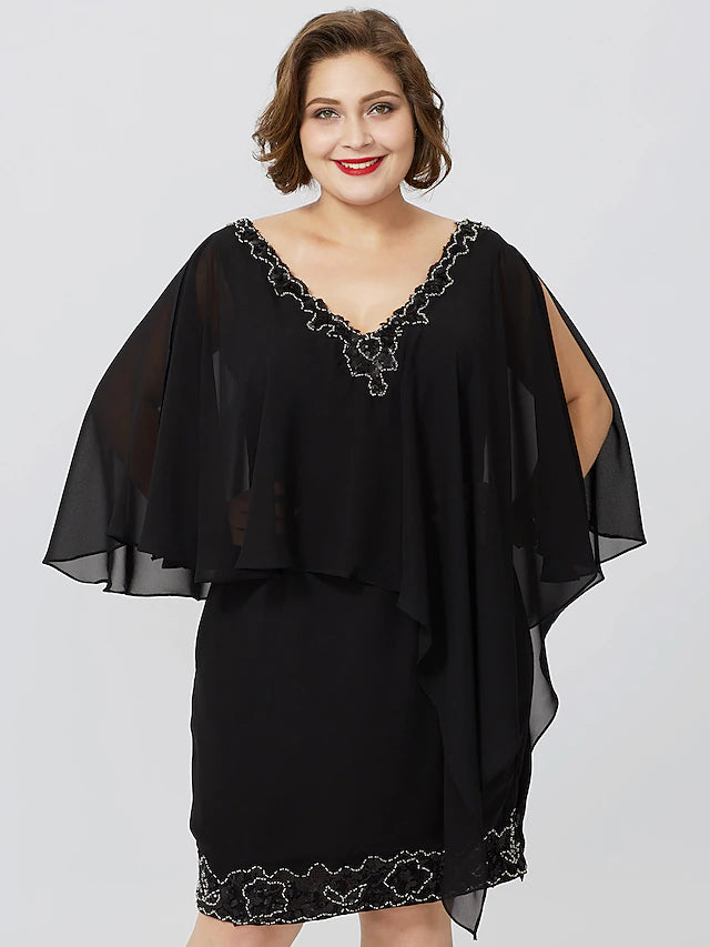 Etuikleid/Säulenkleid für die Mutter der Braut, formell, klassisch und zeitlos, elegant und luxuriös, Übergröße, V-Ausschnitt, knielang, Chiffon, ärmellos, nein, mit Kristallen und Perlen